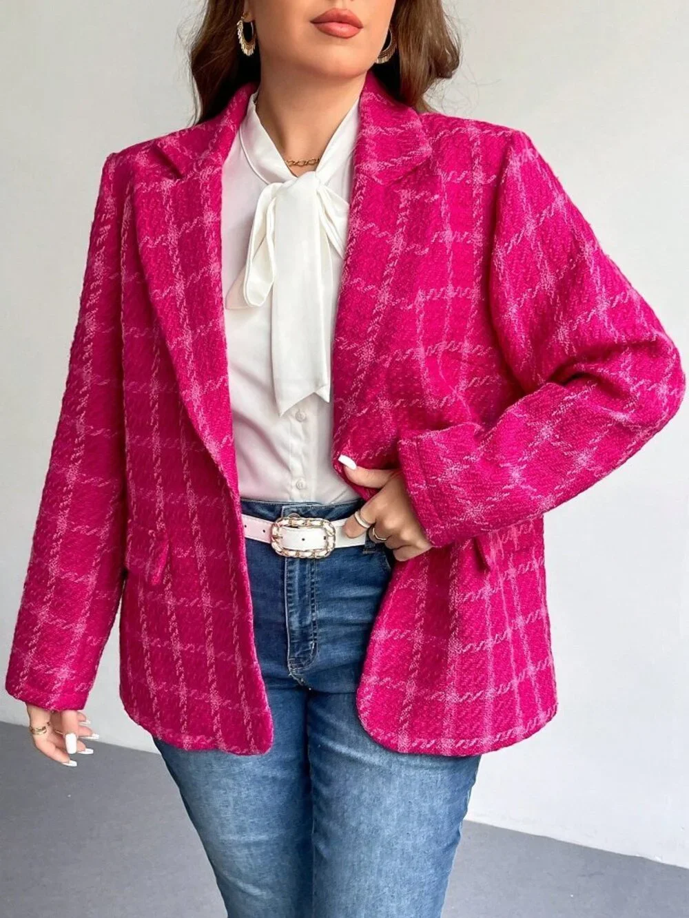 Pink Casual Women's Plus Size Elegant Plaid Long Sleeve Warm Blazer Jacket